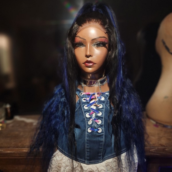 Blue custom made human hair wig - Picture 4 of 6